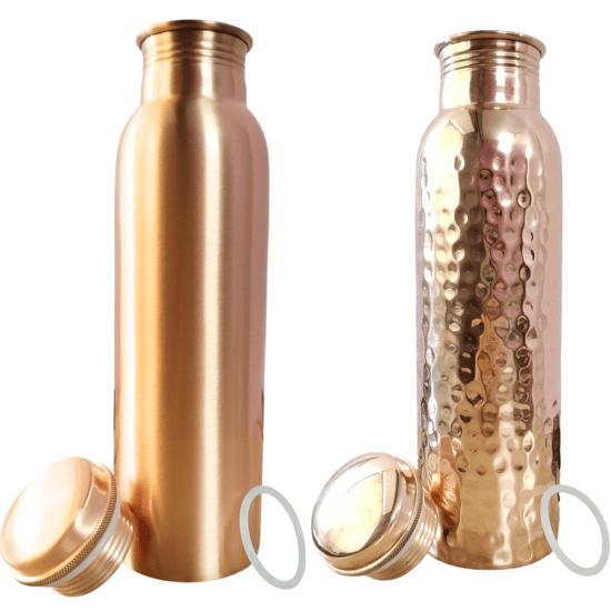 Set of 2, Plain Finish Copper Water Bottle,Hammered Copper Water Bottle, 32.5 Oz/950 Ml Each